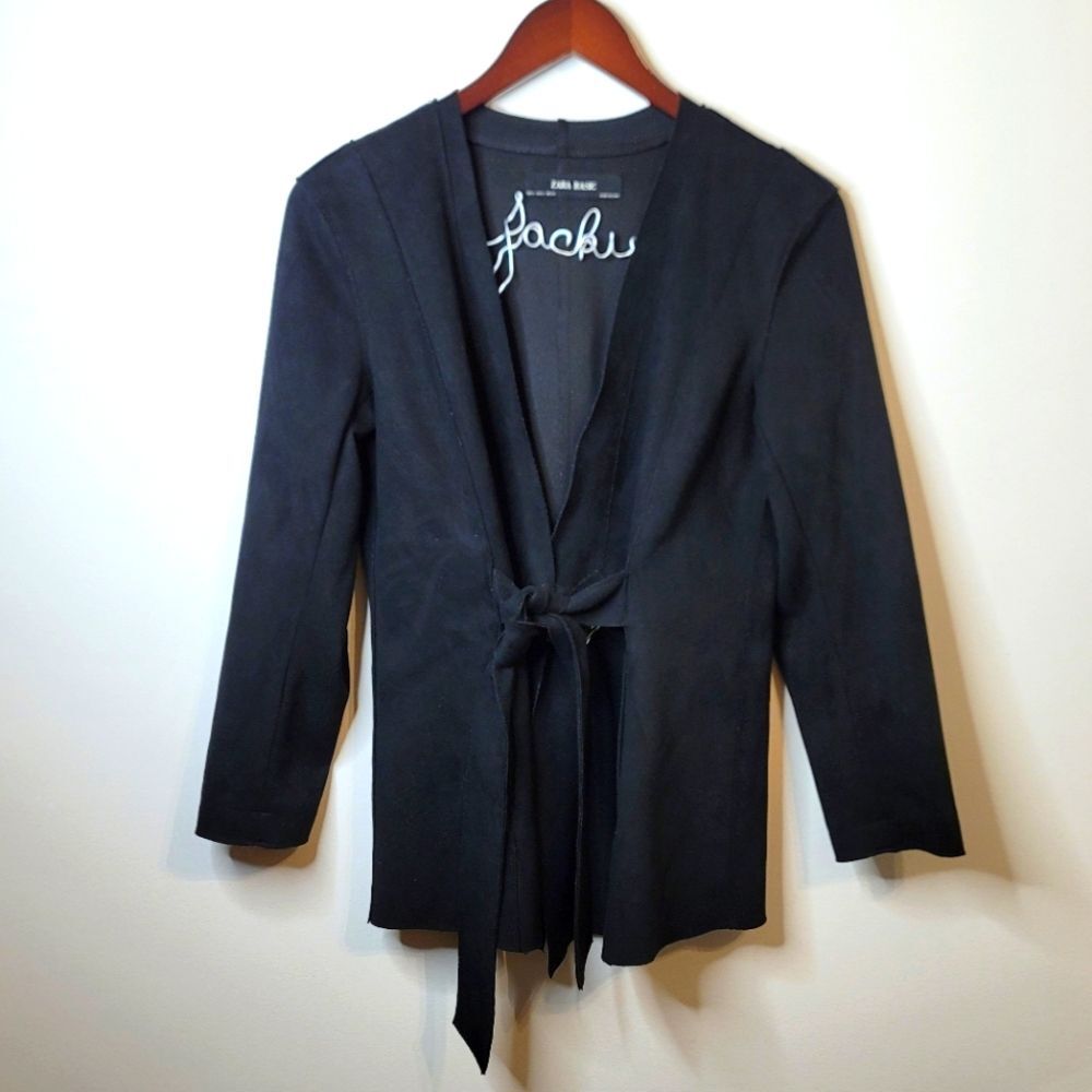 Zara Black Faux Suede Belted Open Blazer Jacket Size Small